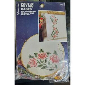 Vogart Crafts Pair Pillow‎ Cases Embroidery Ballpoint Painting Rose Floral 20x32